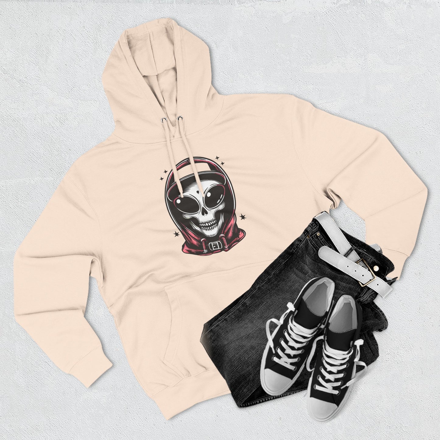 Alien-Inspired Fleece Hoodie – Unique Sci-Fi Streetwear, Warm Three-Panel Hoodie for Men & Women, Perfect Winter & Fall Gift