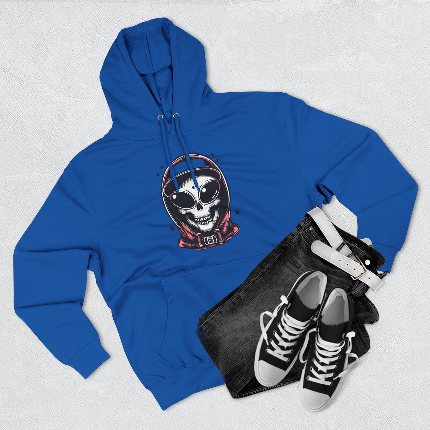 Alien-Inspired Fleece Hoodie – Unique Sci-Fi Streetwear, Warm Three-Panel Hoodie for Men & Women, Perfect Winter & Fall Gift