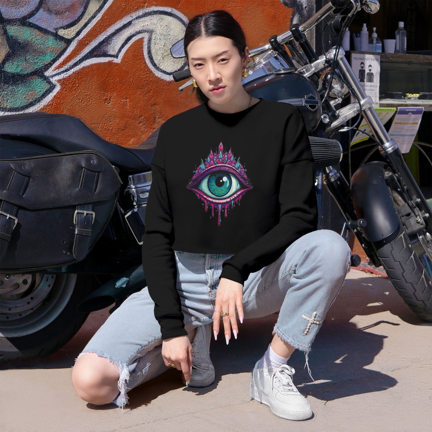 Mystical Eye Cropped Sweatshirt, Bohemian Style, Trendy Top, Gift for Her, Cozy Fashion