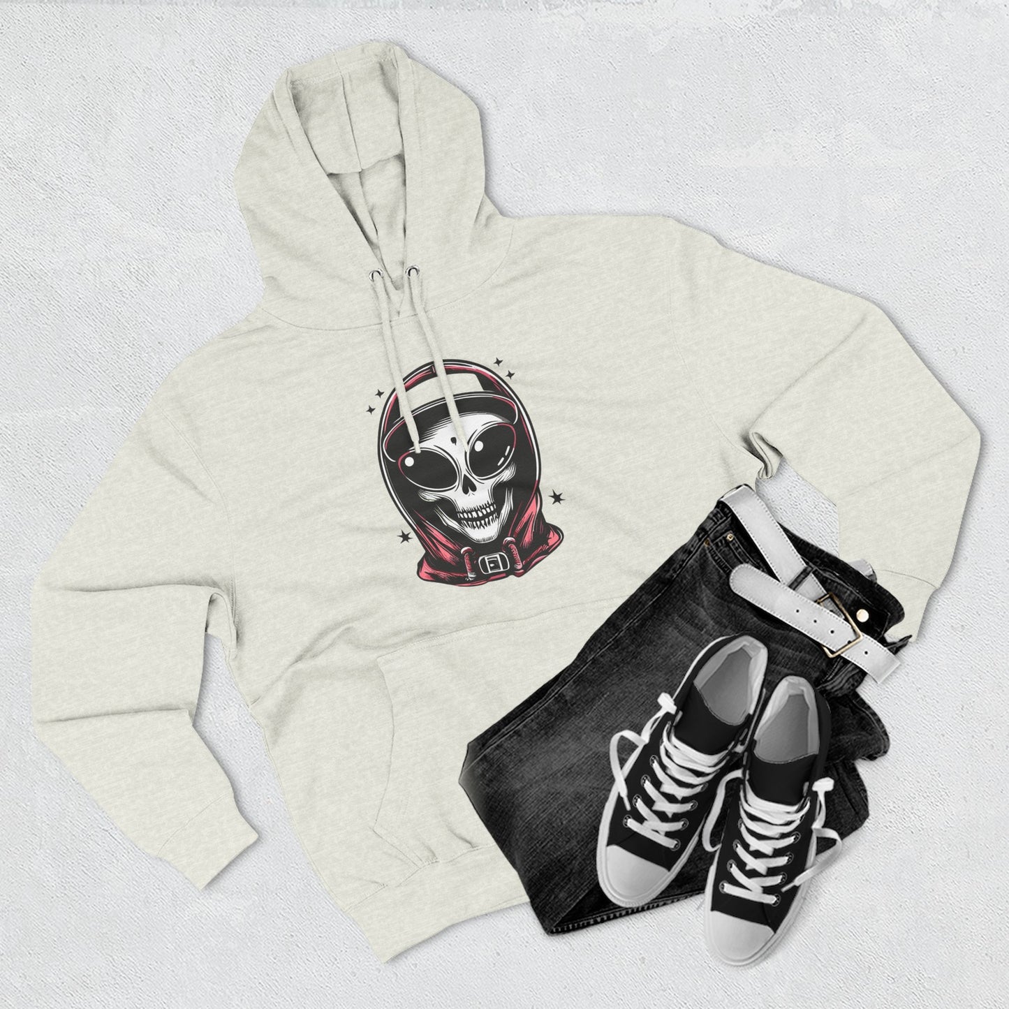 Alien-Inspired Fleece Hoodie – Unique Sci-Fi Streetwear, Warm Three-Panel Hoodie for Men & Women, Perfect Winter & Fall Gift
