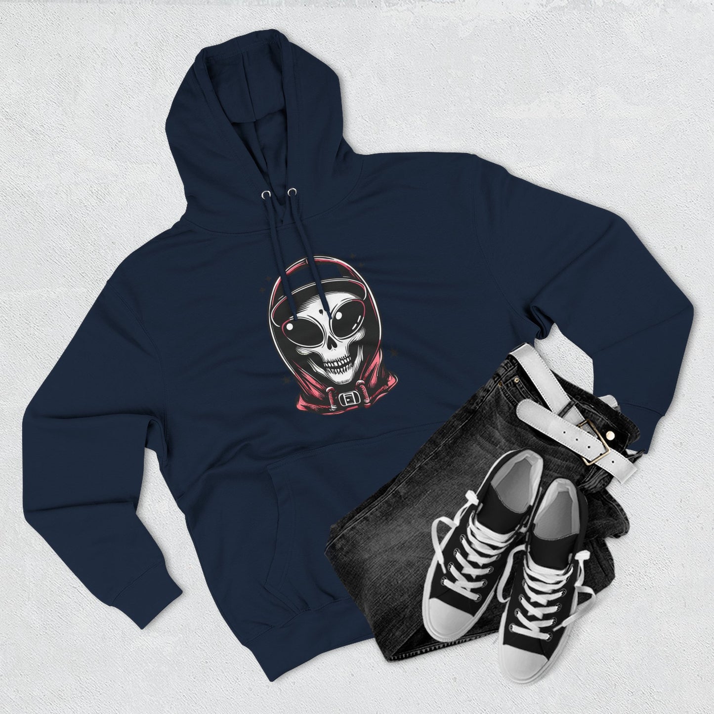 Alien-Inspired Fleece Hoodie – Unique Sci-Fi Streetwear, Warm Three-Panel Hoodie for Men & Women, Perfect Winter & Fall Gift