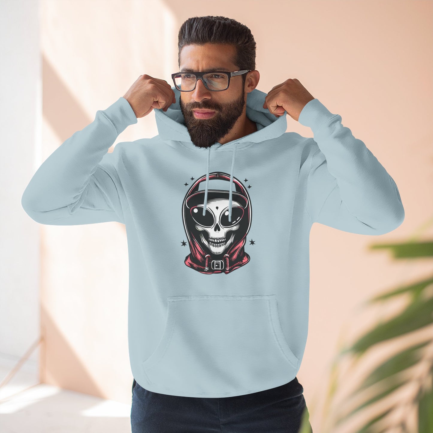 Alien-Inspired Fleece Hoodie – Unique Sci-Fi Streetwear, Warm Three-Panel Hoodie for Men & Women, Perfect Winter & Fall Gift
