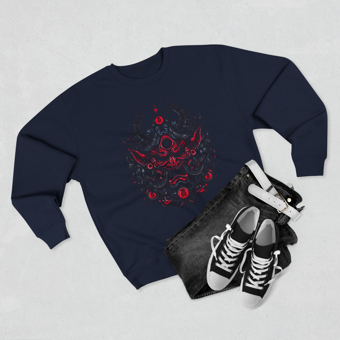 UrbNy Unisex Crewneck Sweatshirt – Bold Japanese Oni Tribal Design | Urban Streetwear Pullover