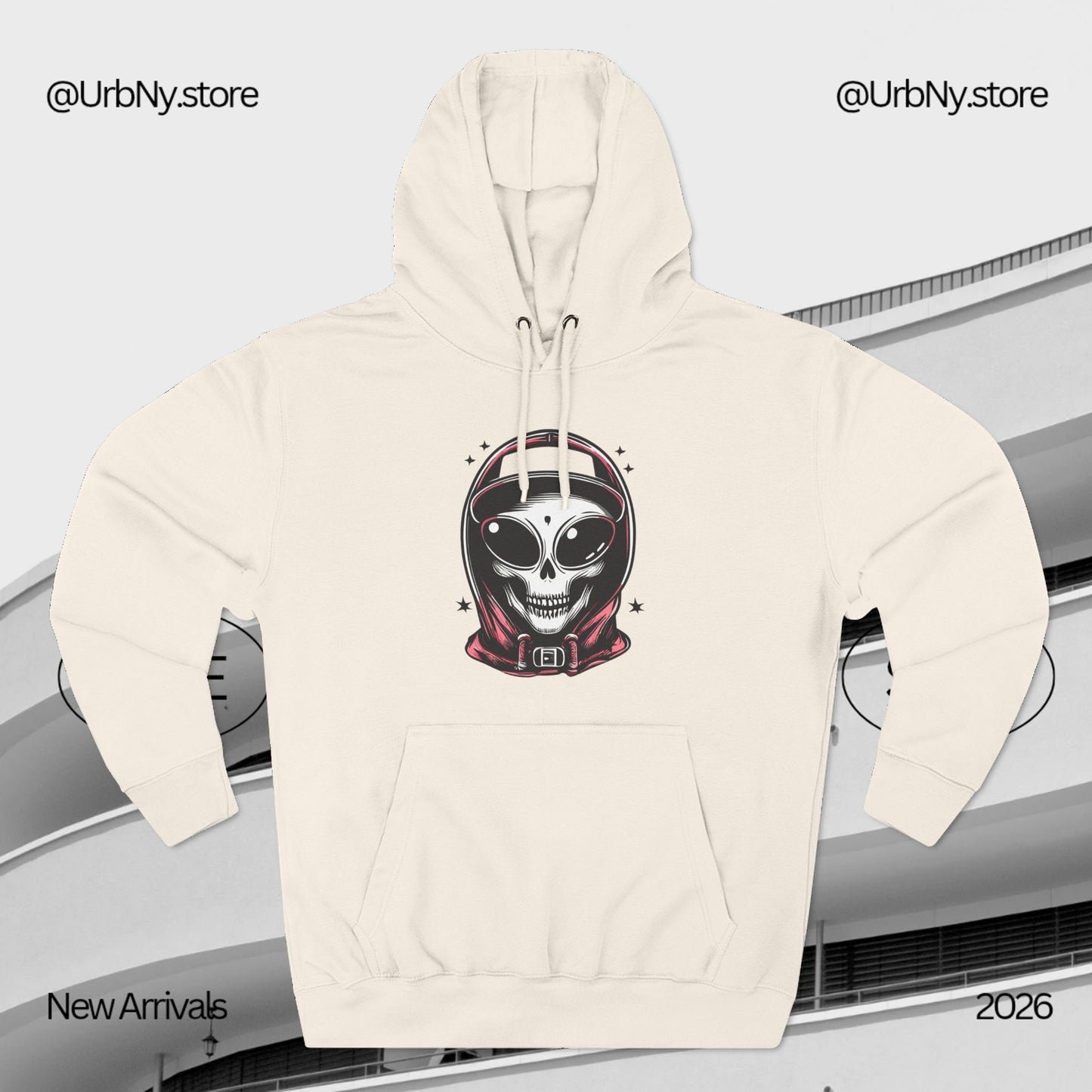 Alien-Inspired Fleece Hoodie – Unique Sci-Fi Streetwear, Warm Three-Panel Hoodie for Men & Women, Perfect Winter & Fall Gift