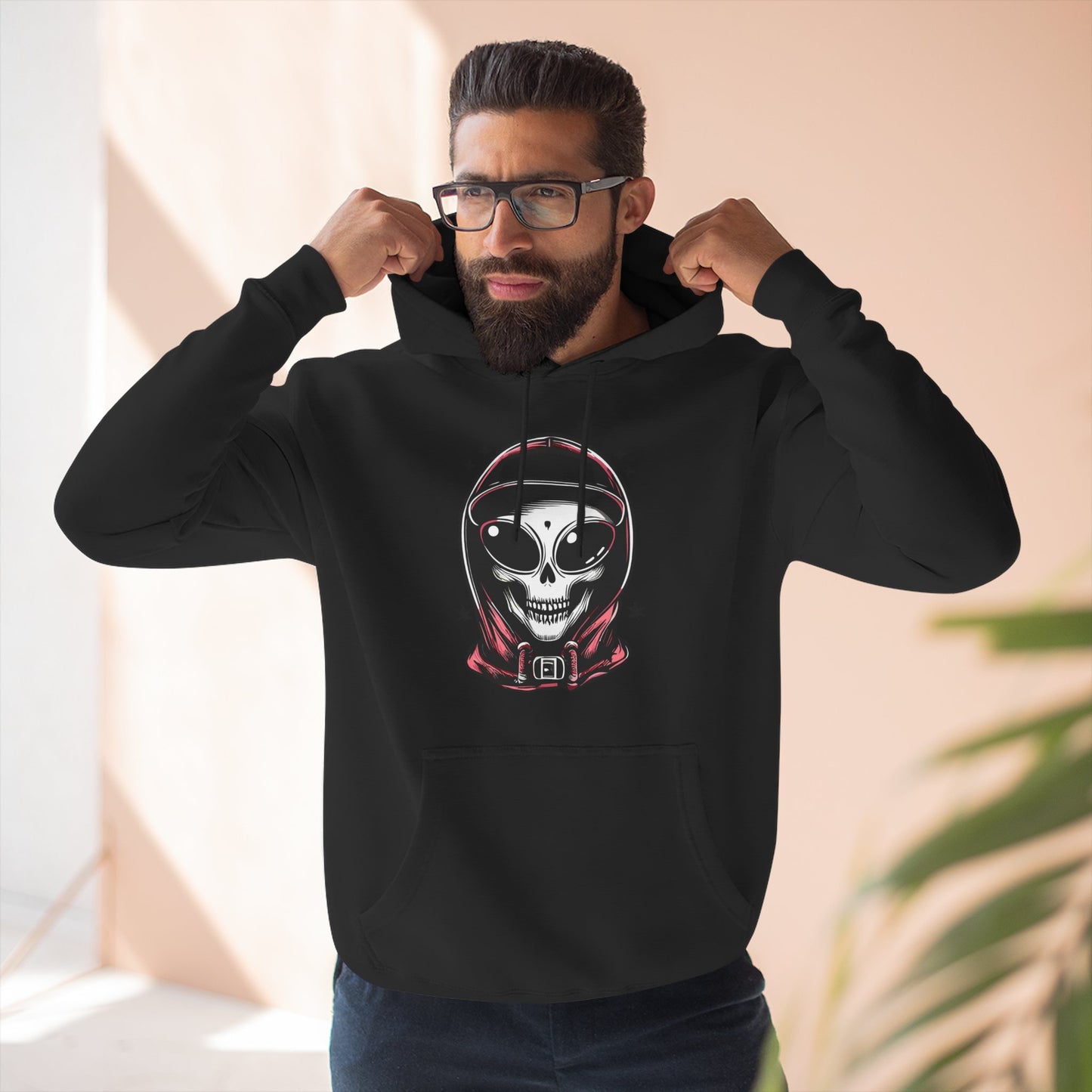 Alien-Inspired Fleece Hoodie – Unique Sci-Fi Streetwear, Warm Three-Panel Hoodie for Men & Women, Perfect Winter & Fall Gift