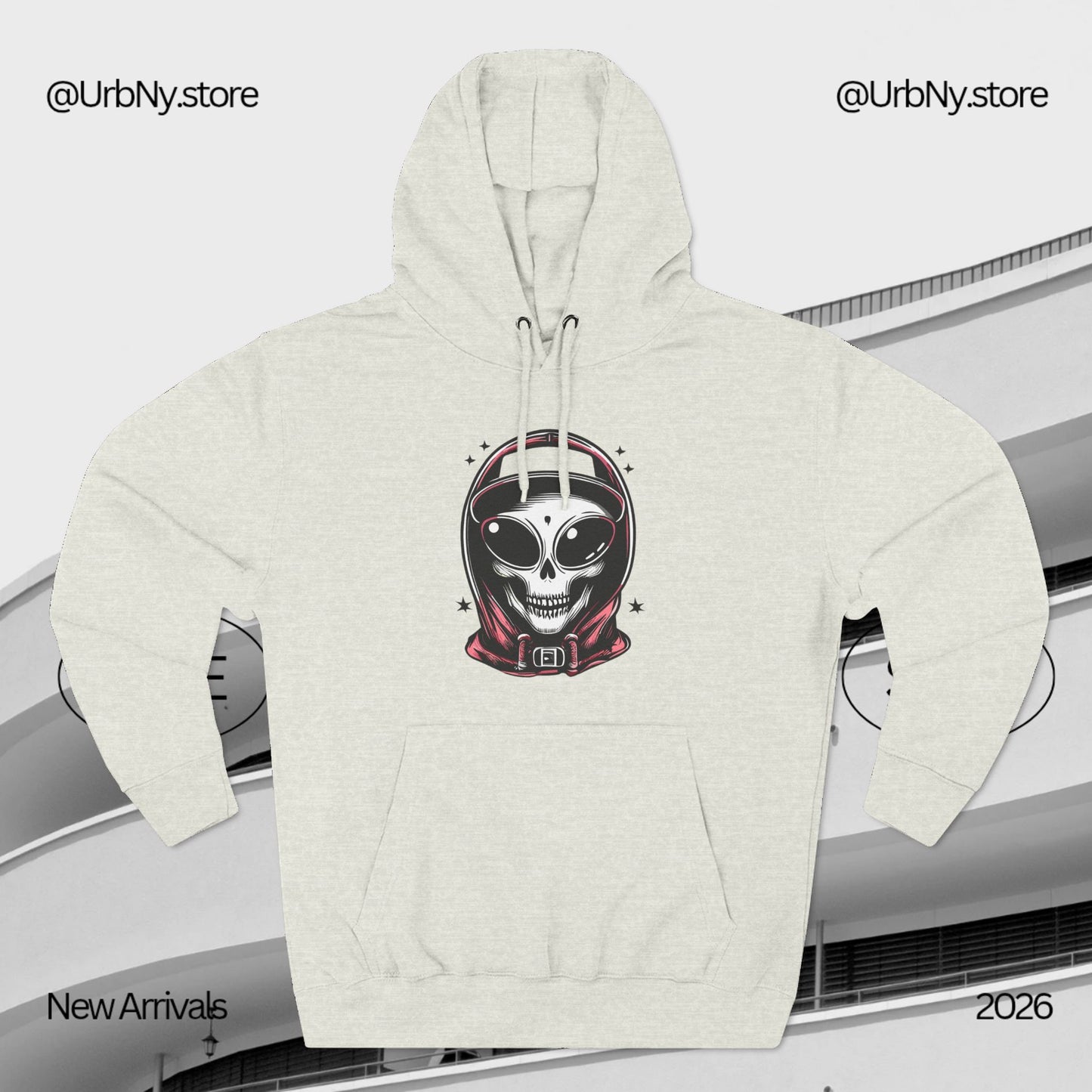 Alien-Inspired Fleece Hoodie – Unique Sci-Fi Streetwear, Warm Three-Panel Hoodie for Men & Women, Perfect Winter & Fall Gift