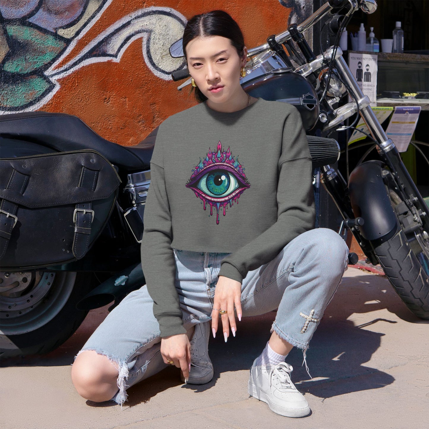 Mystical Eye Cropped Sweatshirt, Bohemian Style, Trendy Top, Gift for Her, Cozy Fashion