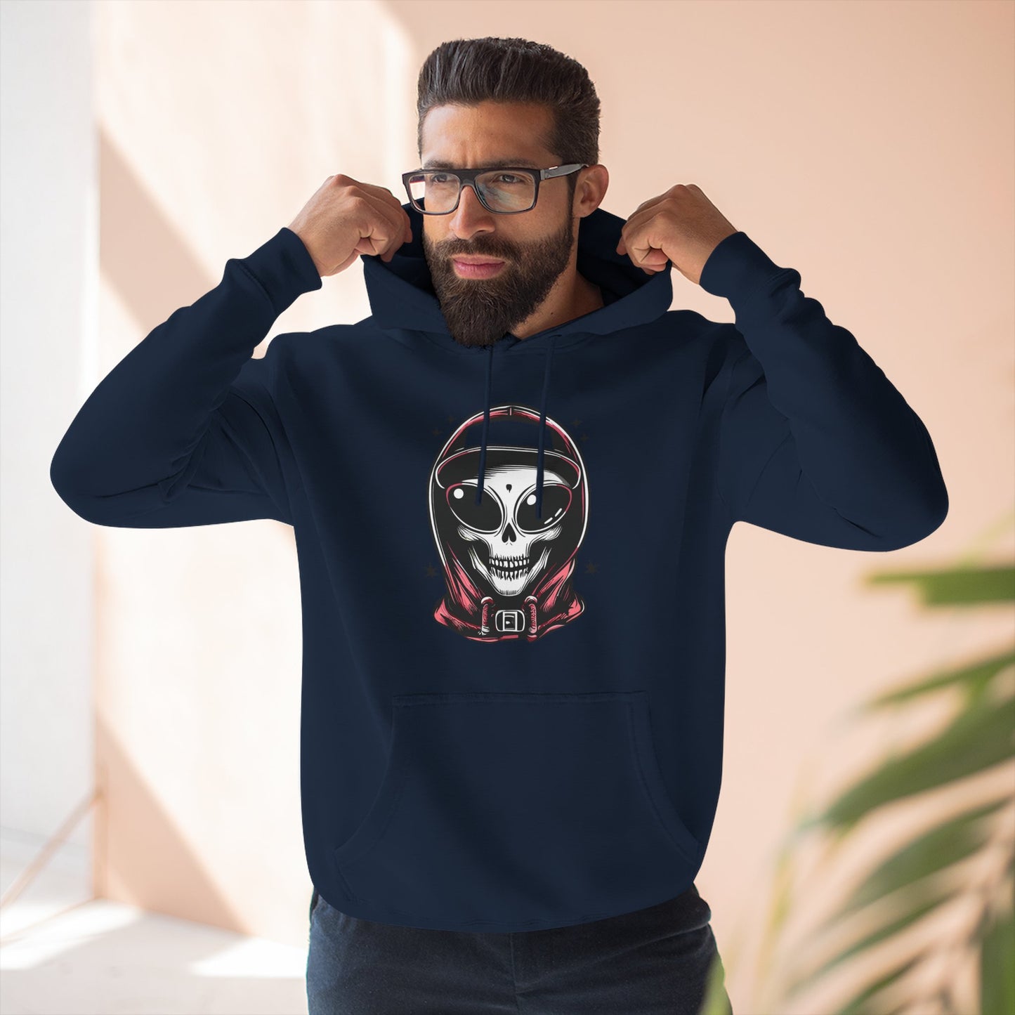 Alien-Inspired Fleece Hoodie – Unique Sci-Fi Streetwear, Warm Three-Panel Hoodie for Men & Women, Perfect Winter & Fall Gift