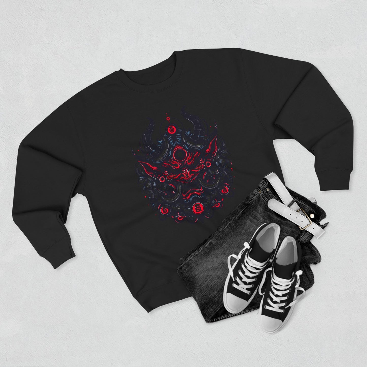 UrbNy Unisex Crewneck Sweatshirt – Bold Japanese Oni Tribal Design | Urban Streetwear Pullover