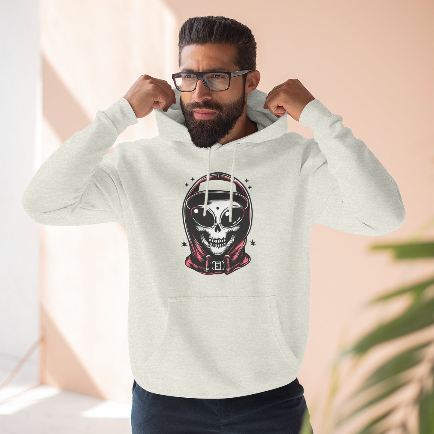 Alien-Inspired Fleece Hoodie – Unique Sci-Fi Streetwear, Warm Three-Panel Hoodie for Men & Women, Perfect Winter & Fall Gift