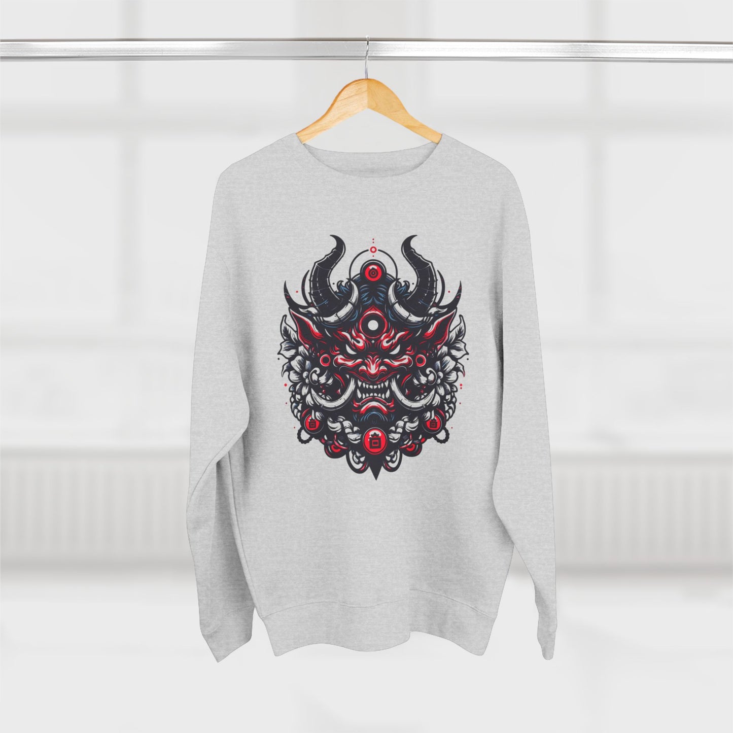 UrbNy Unisex Crewneck Sweatshirt – Bold Japanese Oni Tribal Design | Urban Streetwear Pullover