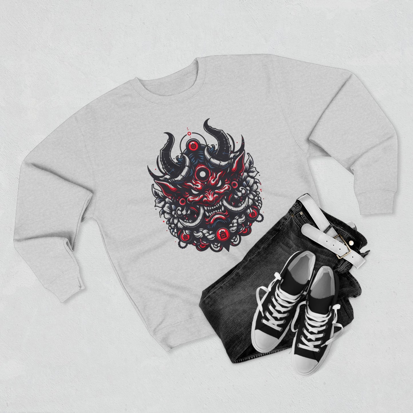 UrbNy Unisex Crewneck Sweatshirt – Bold Japanese Oni Tribal Design | Urban Streetwear Pullover