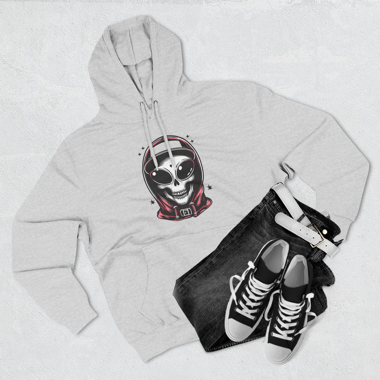 Alien-Inspired Fleece Hoodie – Unique Sci-Fi Streetwear, Warm Three-Panel Hoodie for Men & Women, Perfect Winter & Fall Gift