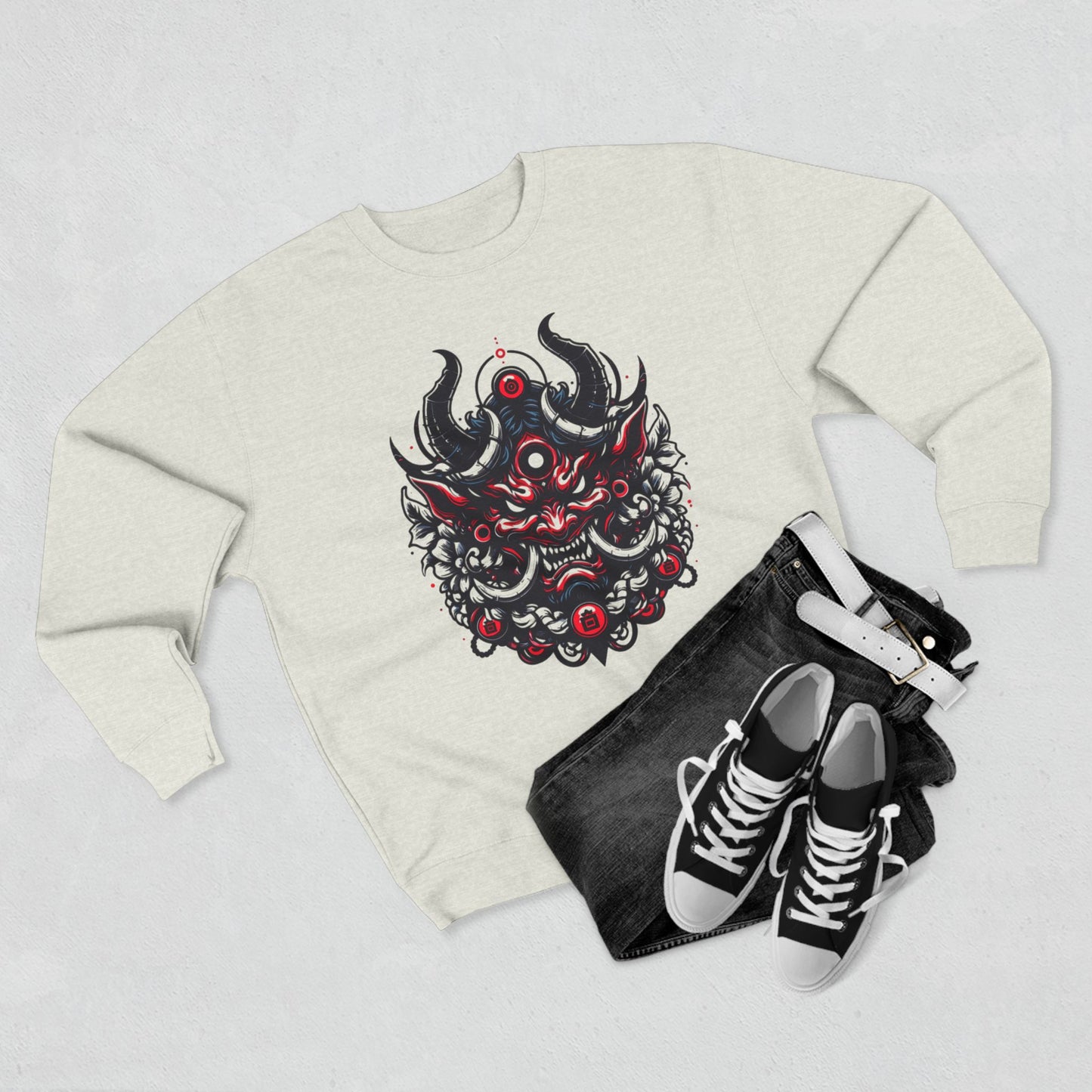 UrbNy Unisex Crewneck Sweatshirt – Bold Japanese Oni Tribal Design | Urban Streetwear Pullover