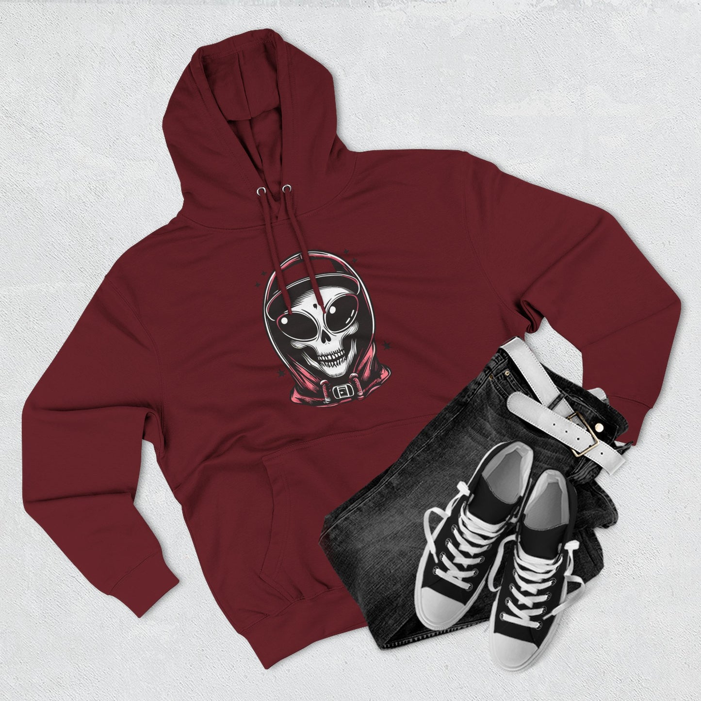Alien-Inspired Fleece Hoodie – Unique Sci-Fi Streetwear, Warm Three-Panel Hoodie for Men & Women, Perfect Winter & Fall Gift