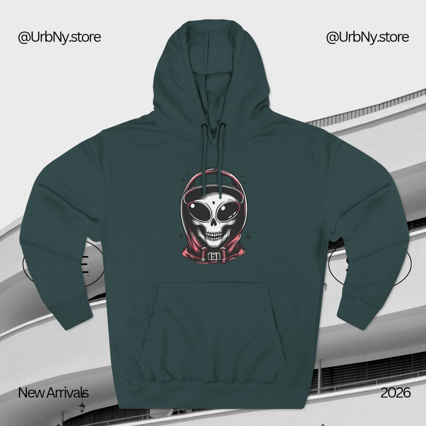 Alien-Inspired Fleece Hoodie – Unique Sci-Fi Streetwear, Warm Three-Panel Hoodie for Men & Women, Perfect Winter & Fall Gift