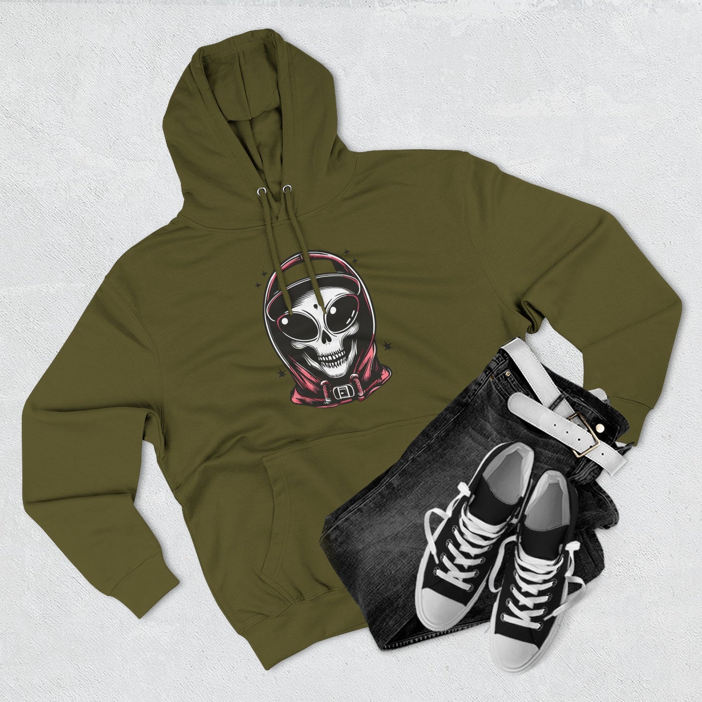 Alien-Inspired Fleece Hoodie – Unique Sci-Fi Streetwear, Warm Three-Panel Hoodie for Men & Women, Perfect Winter & Fall Gift
