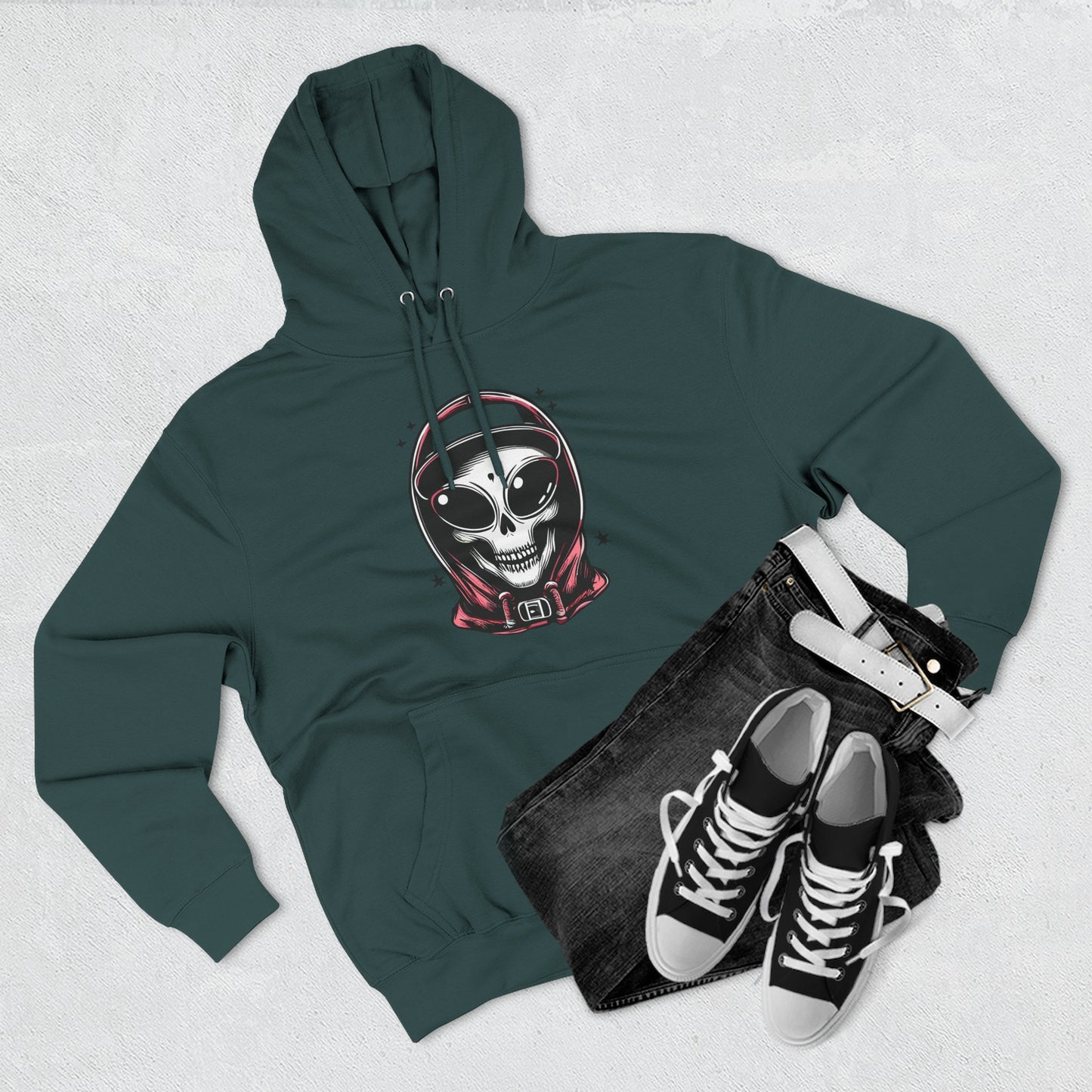 Alien-Inspired Fleece Hoodie – Unique Sci-Fi Streetwear, Warm Three-Panel Hoodie for Men & Women, Perfect Winter & Fall Gift