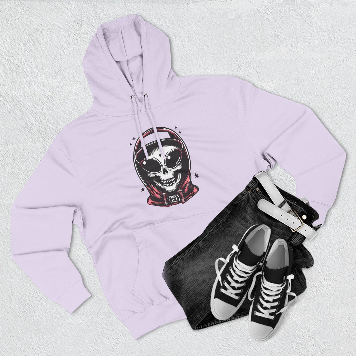 Alien-Inspired Fleece Hoodie – Unique Sci-Fi Streetwear, Warm Three-Panel Hoodie for Men & Women, Perfect Winter & Fall Gift