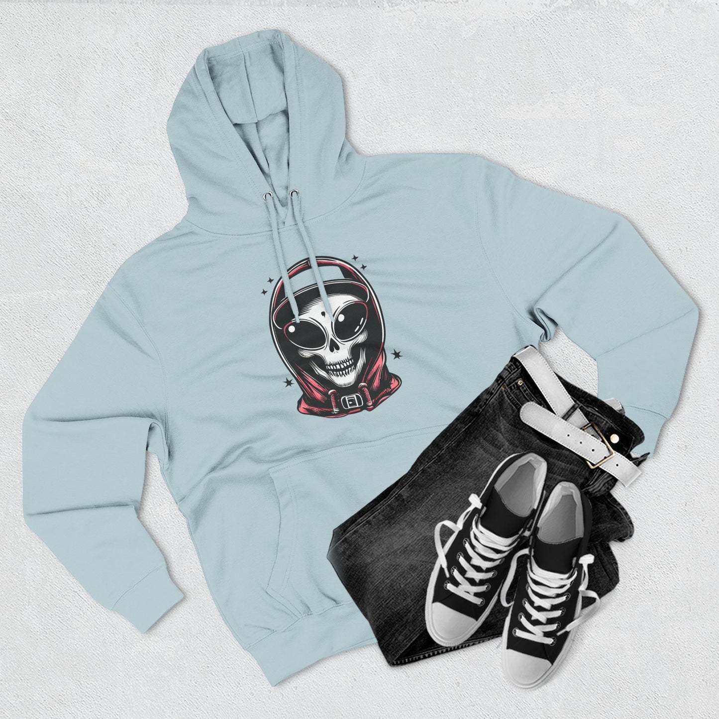 Alien-Inspired Fleece Hoodie – Unique Sci-Fi Streetwear, Warm Three-Panel Hoodie for Men & Women, Perfect Winter & Fall Gift
