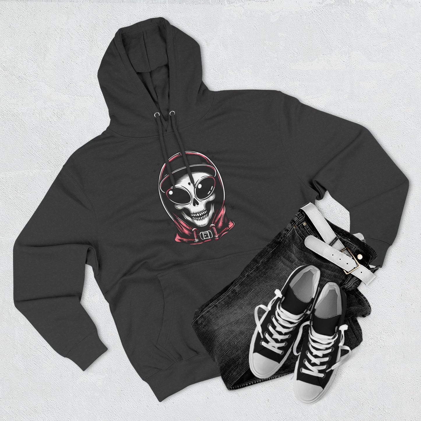 Alien-Inspired Fleece Hoodie – Unique Sci-Fi Streetwear, Warm Three-Panel Hoodie for Men & Women, Perfect Winter & Fall Gift