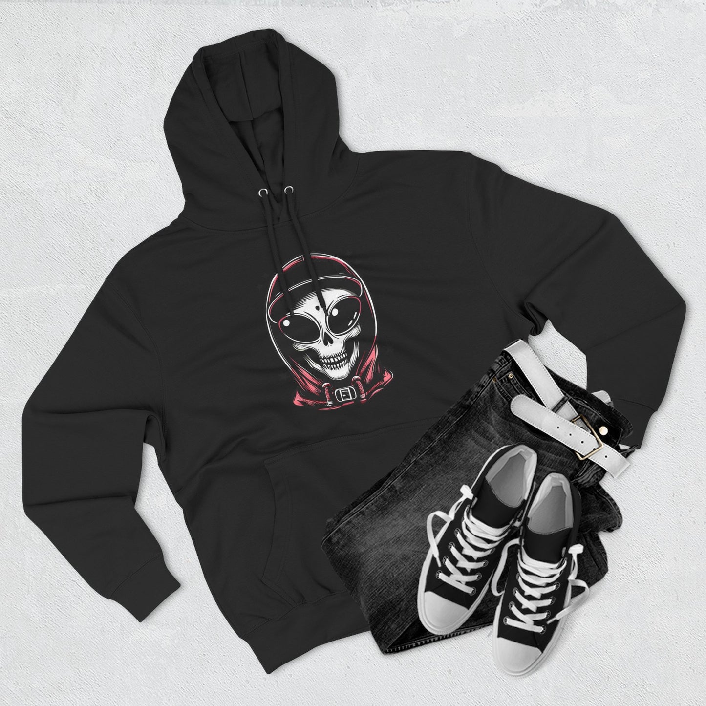 Alien-Inspired Fleece Hoodie – Unique Sci-Fi Streetwear, Warm Three-Panel Hoodie for Men & Women, Perfect Winter & Fall Gift