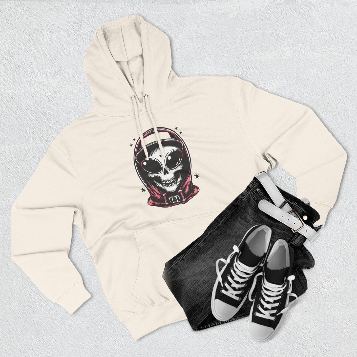 Alien-Inspired Fleece Hoodie – Unique Sci-Fi Streetwear, Warm Three-Panel Hoodie for Men & Women, Perfect Winter & Fall Gift