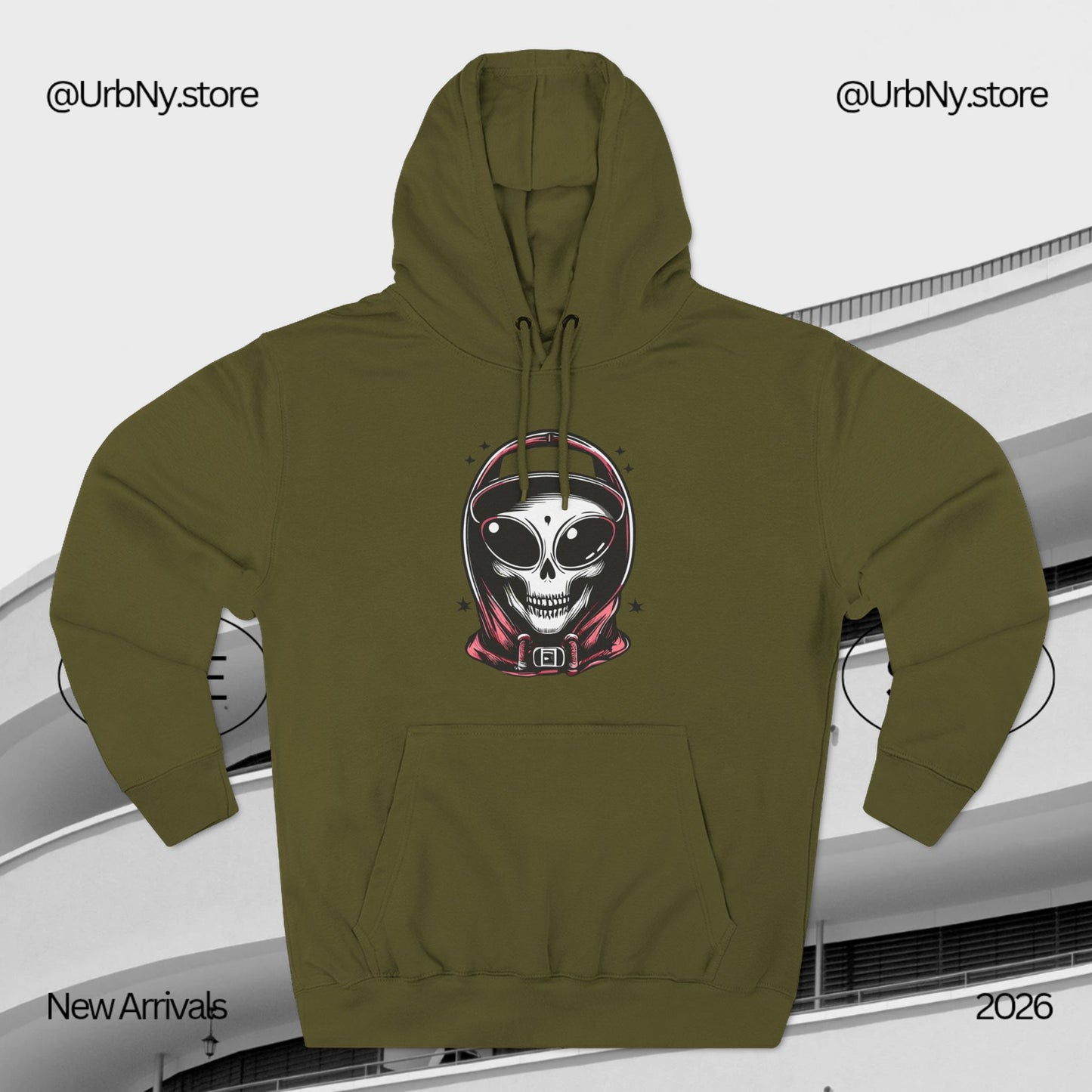 Alien-Inspired Fleece Hoodie – Unique Sci-Fi Streetwear, Warm Three-Panel Hoodie for Men & Women, Perfect Winter & Fall Gift