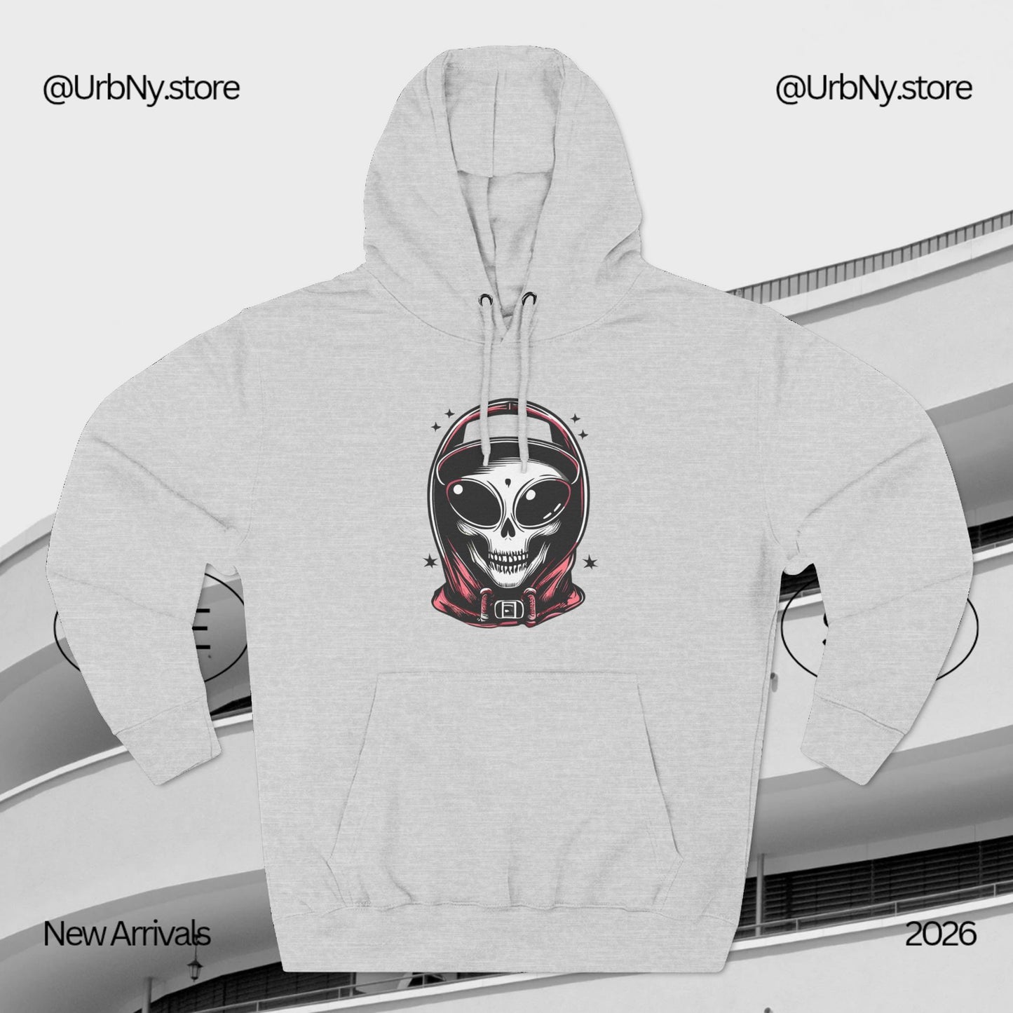 Alien-Inspired Fleece Hoodie – Unique Sci-Fi Streetwear, Warm Three-Panel Hoodie for Men & Women, Perfect Winter & Fall Gift