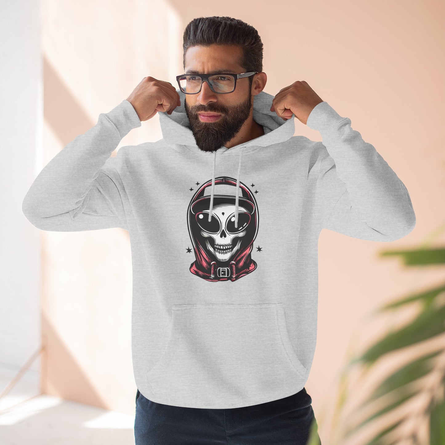 Alien-Inspired Fleece Hoodie – Unique Sci-Fi Streetwear, Warm Three-Panel Hoodie for Men & Women, Perfect Winter & Fall Gift