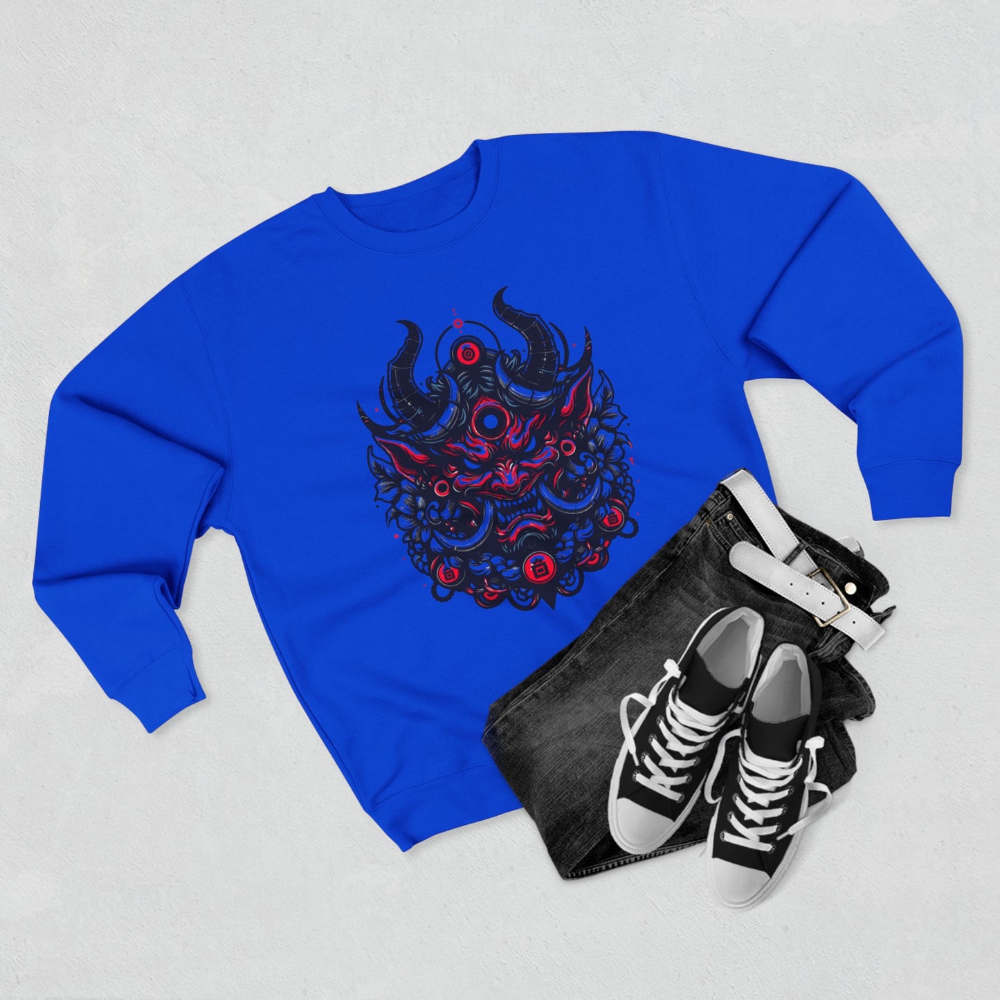 UrbNy Unisex Crewneck Sweatshirt – Bold Japanese Oni Tribal Design | Urban Streetwear Pullover
