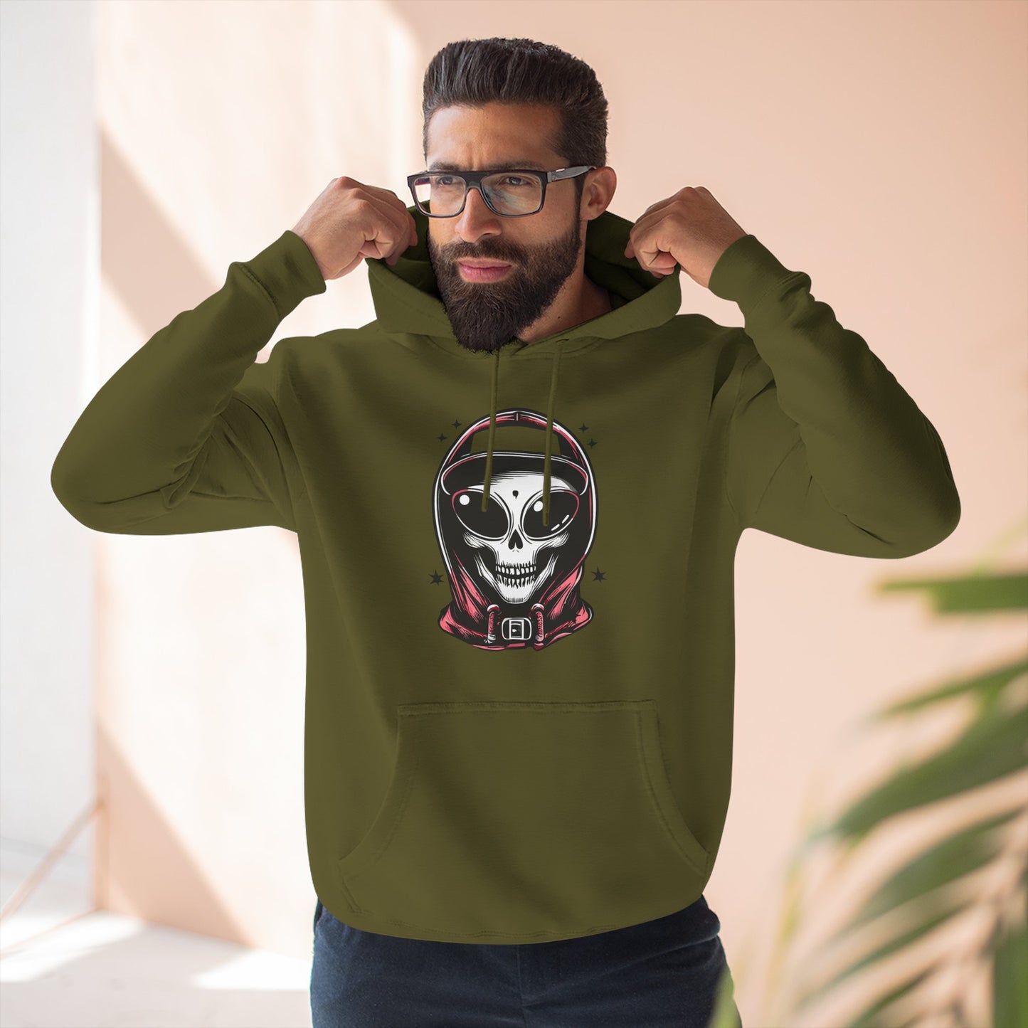 Alien-Inspired Fleece Hoodie – Unique Sci-Fi Streetwear, Warm Three-Panel Hoodie for Men & Women, Perfect Winter & Fall Gift