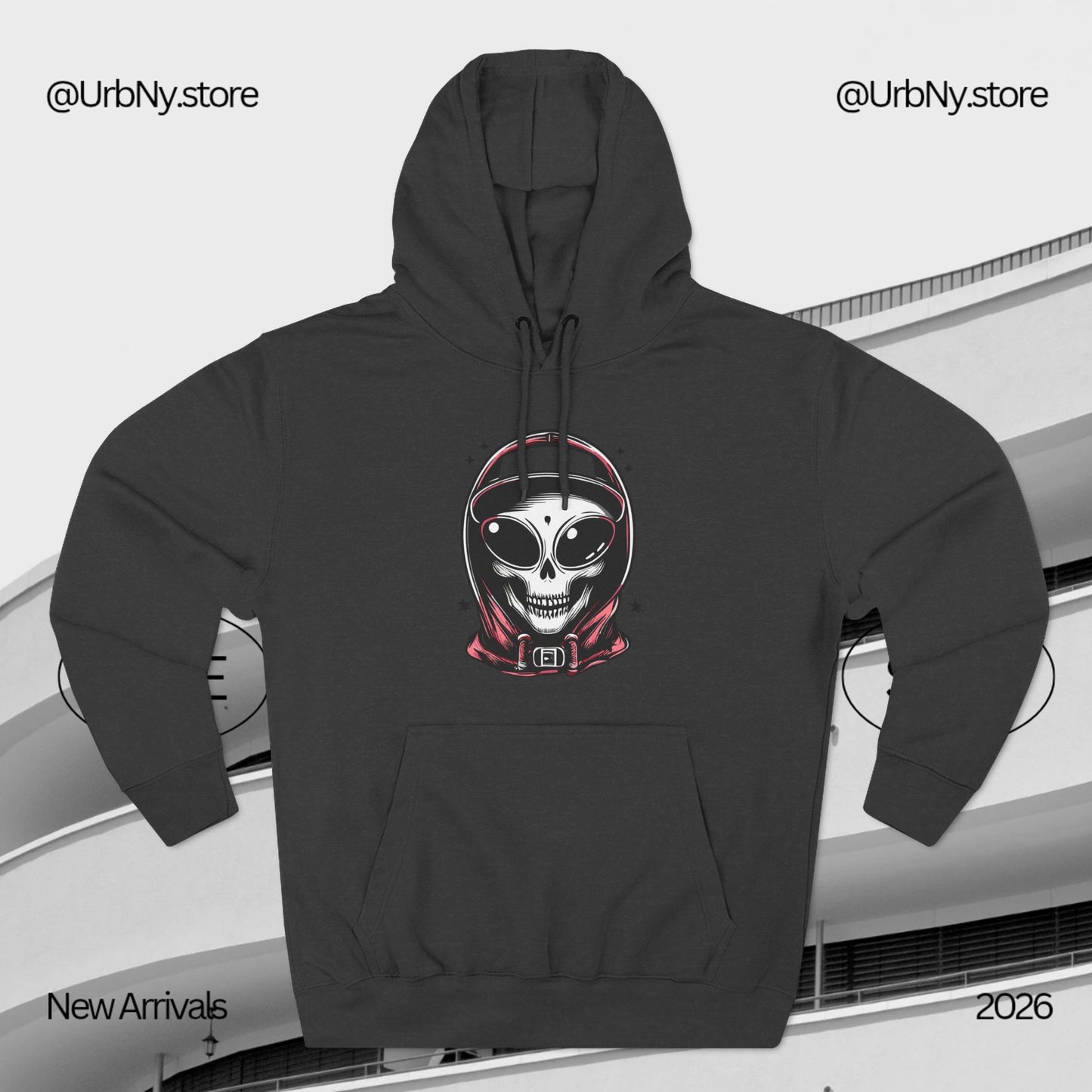 Alien-Inspired Fleece Hoodie – Unique Sci-Fi Streetwear, Warm Three-Panel Hoodie for Men & Women, Perfect Winter & Fall Gift
