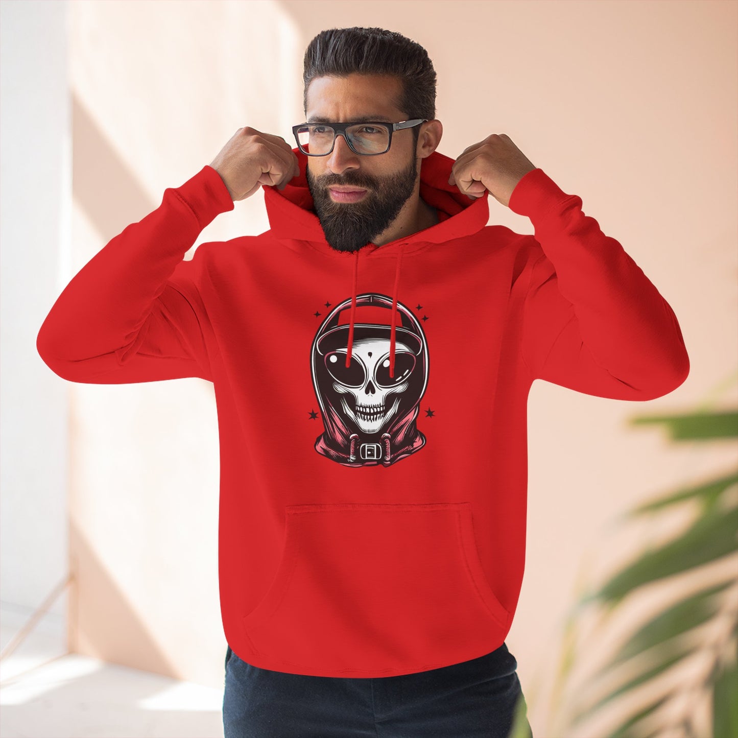 Alien-Inspired Fleece Hoodie – Unique Sci-Fi Streetwear, Warm Three-Panel Hoodie for Men & Women, Perfect Winter & Fall Gift