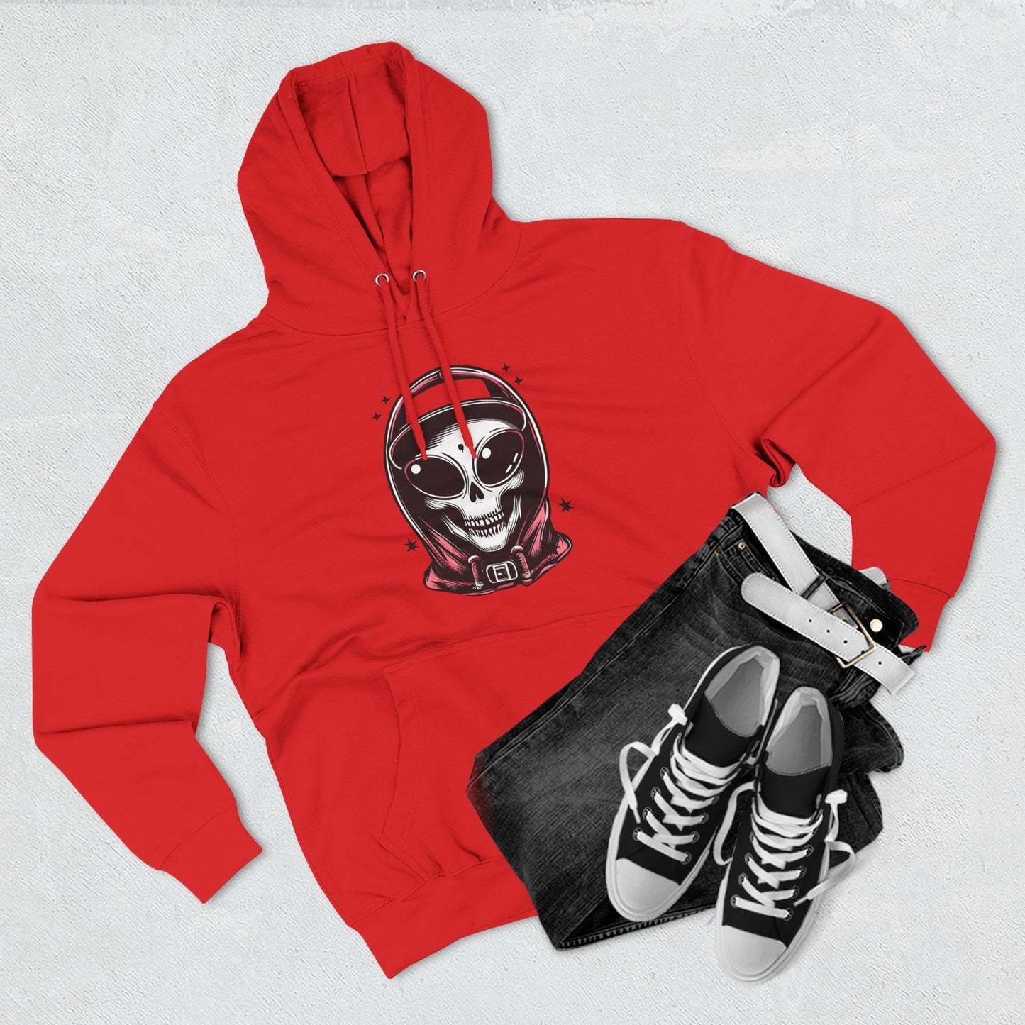 Alien-Inspired Fleece Hoodie – Unique Sci-Fi Streetwear, Warm Three-Panel Hoodie for Men & Women, Perfect Winter & Fall Gift