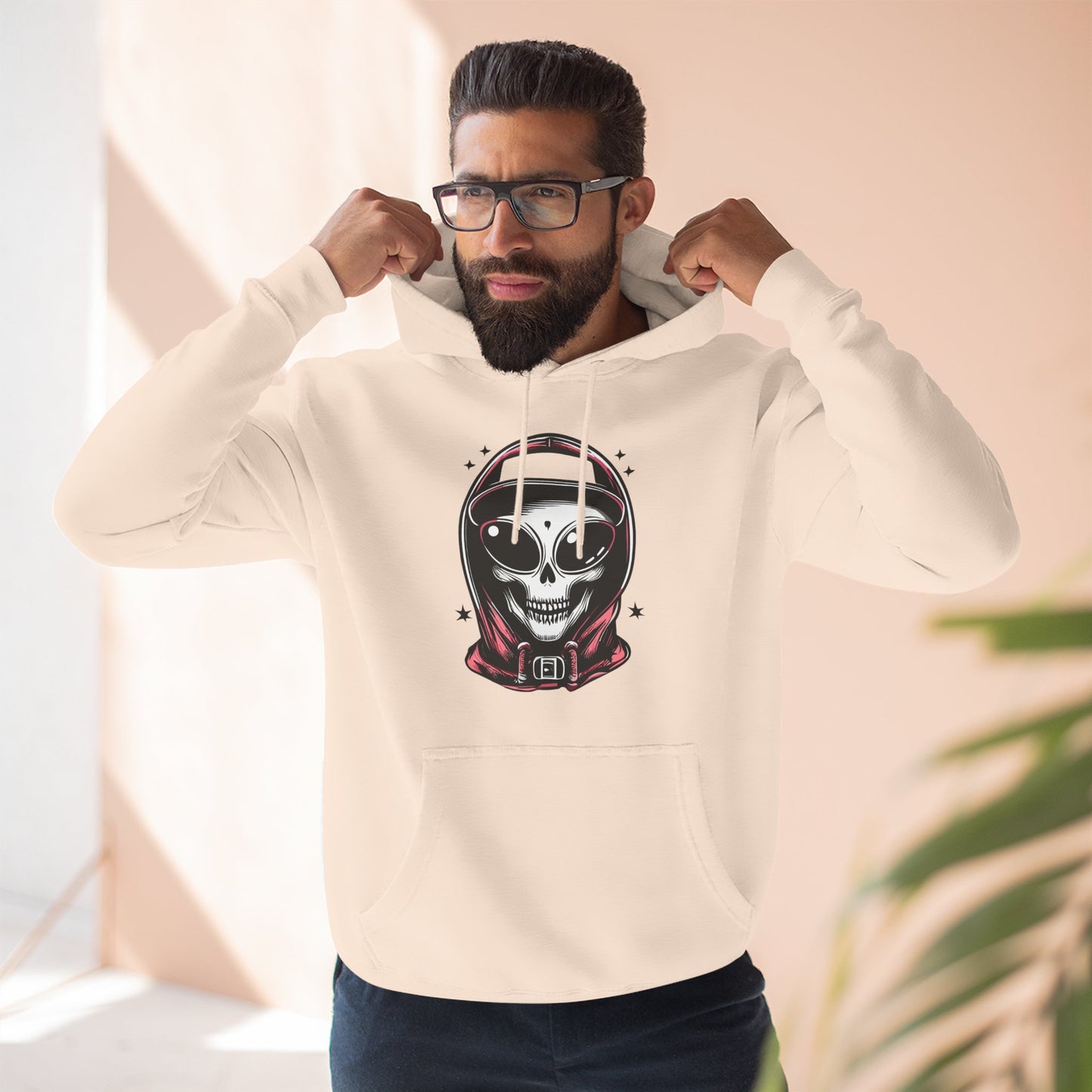 Alien-Inspired Fleece Hoodie – Unique Sci-Fi Streetwear, Warm Three-Panel Hoodie for Men & Women, Perfect Winter & Fall Gift