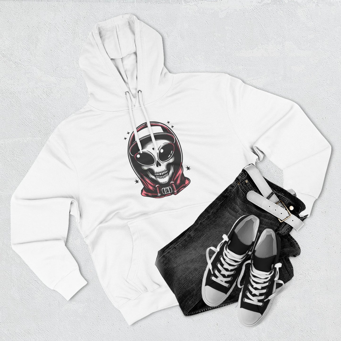 Alien-Inspired Fleece Hoodie – Unique Sci-Fi Streetwear, Warm Three-Panel Hoodie for Men & Women, Perfect Winter & Fall Gift