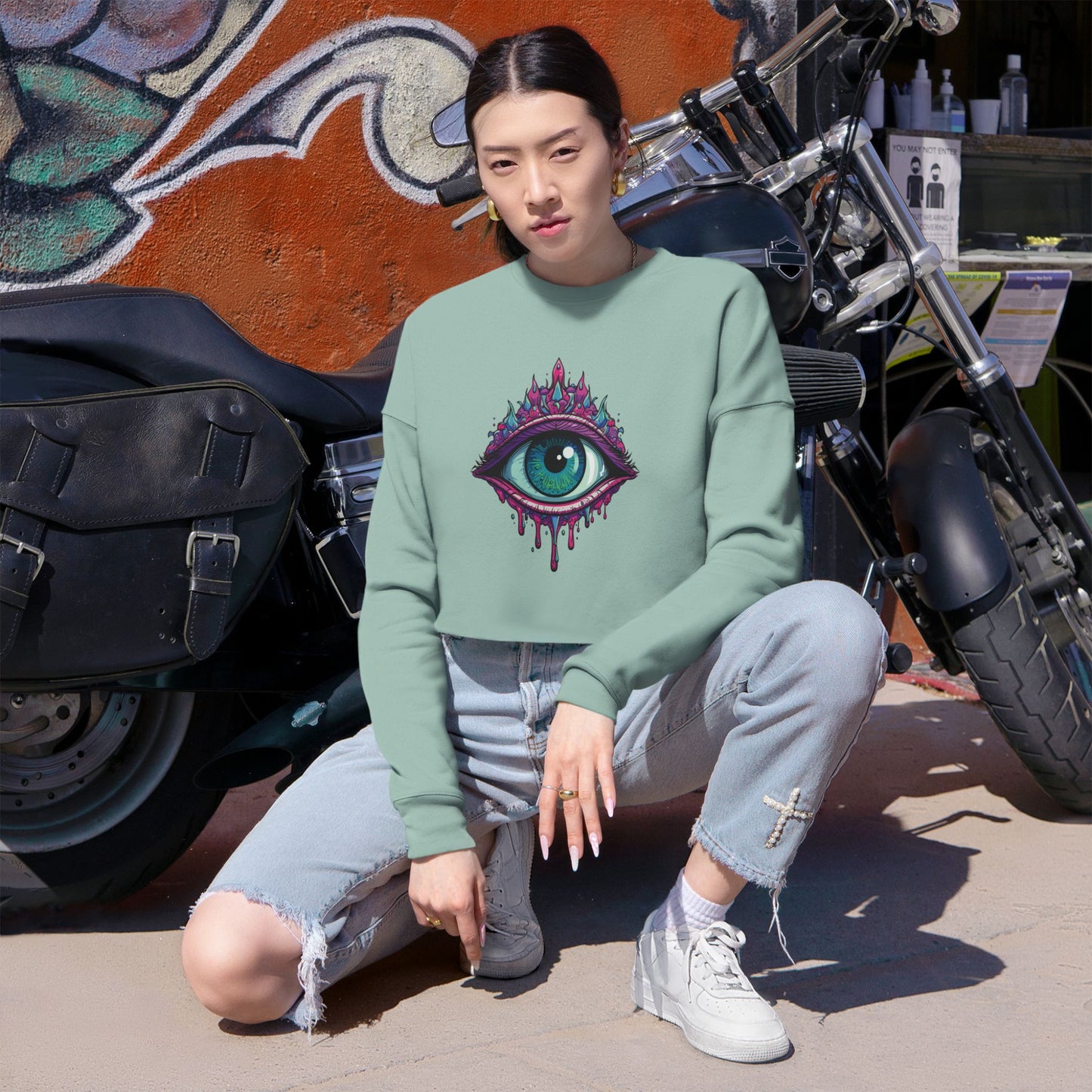 Mystical Eye Cropped Sweatshirt, Bohemian Style, Trendy Top, Gift for Her, Cozy Fashion