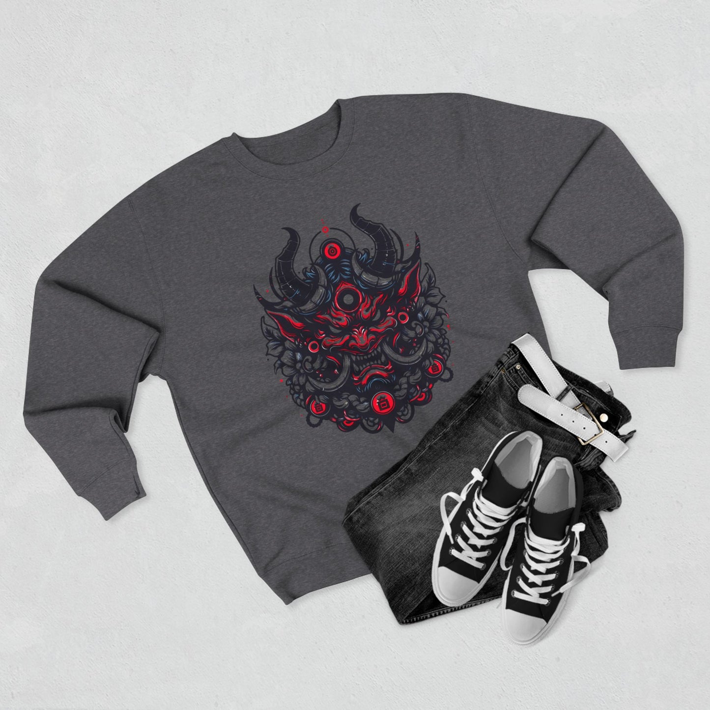 UrbNy Unisex Crewneck Sweatshirt – Bold Japanese Oni Tribal Design | Urban Streetwear Pullover